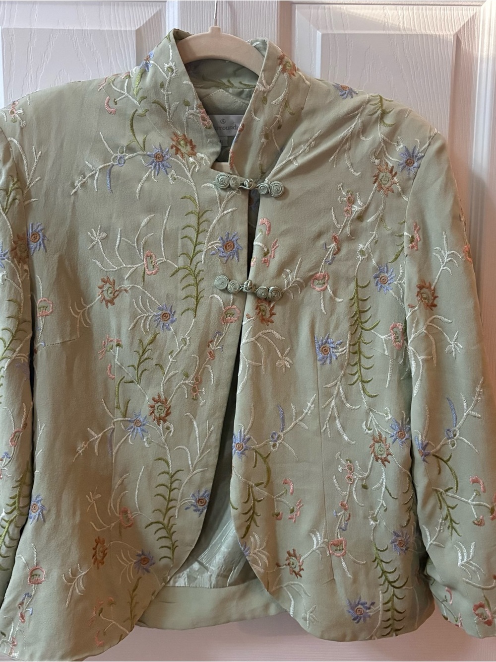 Soft Surroundings Sage Green Embroidered Mandarin Jacket